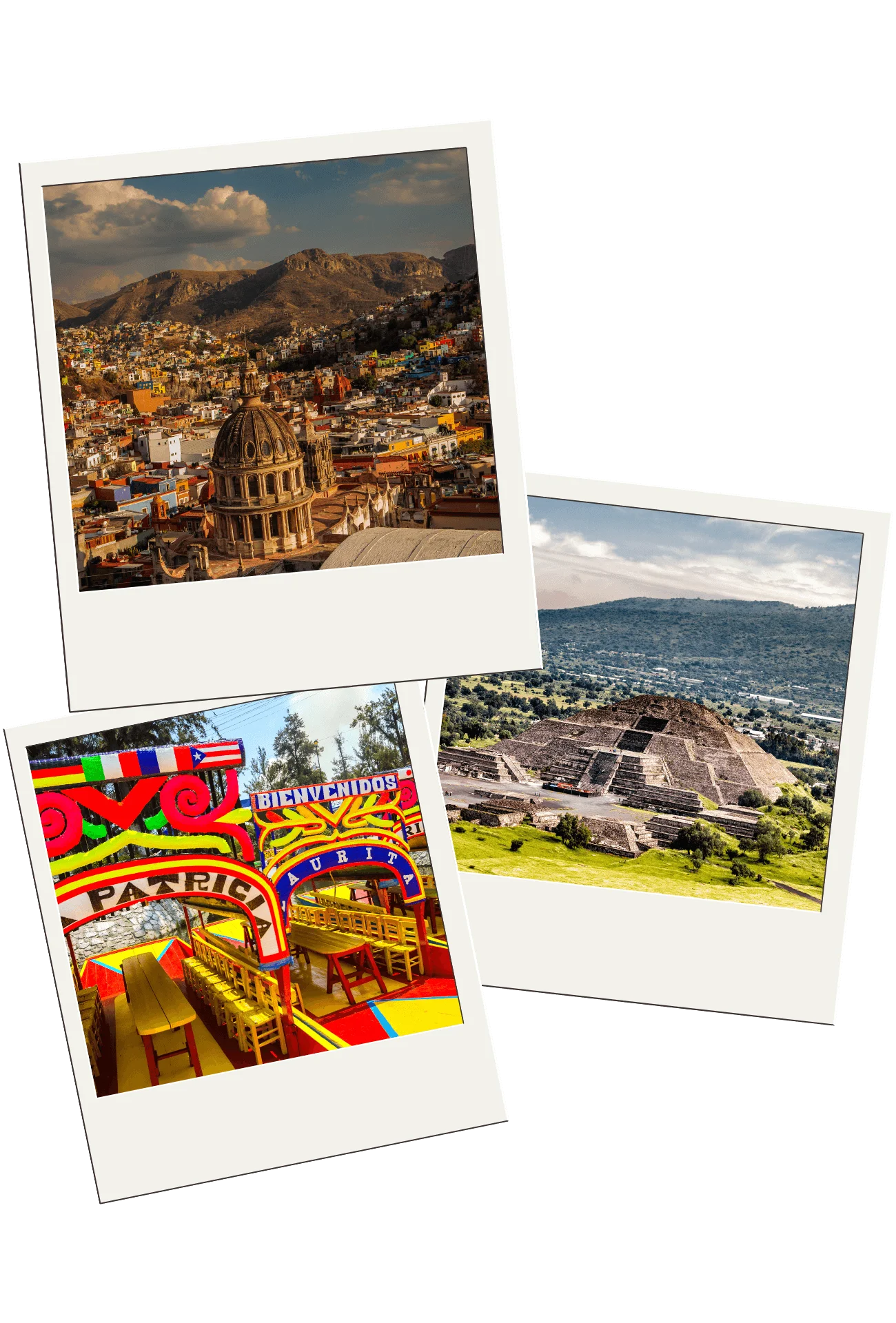 Mexico travel highlights: colorful cityscape, Xochimilco trajinera boats, and Teotihuacan pyramids