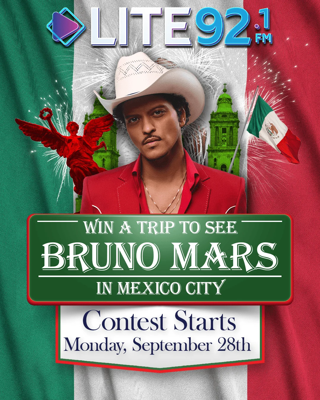 Win a trip to see Bruno Mars in Mexico City. Contest starts Monday, September 28th. LITE 92.1 FM.