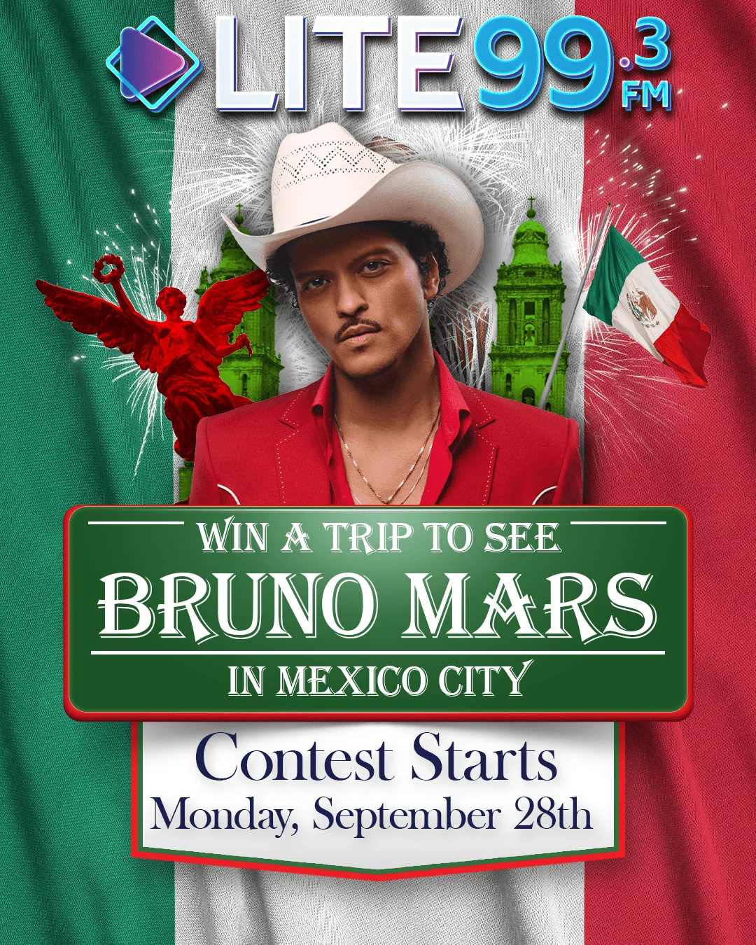 Win a trip to see Bruno Mars in Mexico City. Contest starts Monday, September 28th. LITE 99.3 FM.
